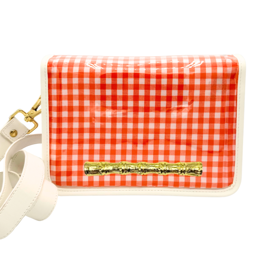 Orange Gingham Clear Stadium Bag with Gold Bamboo Stick