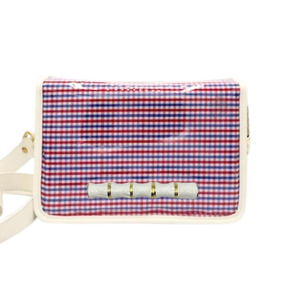 Red and Blue Gingham Clear Stadium Bag with White Bamboo