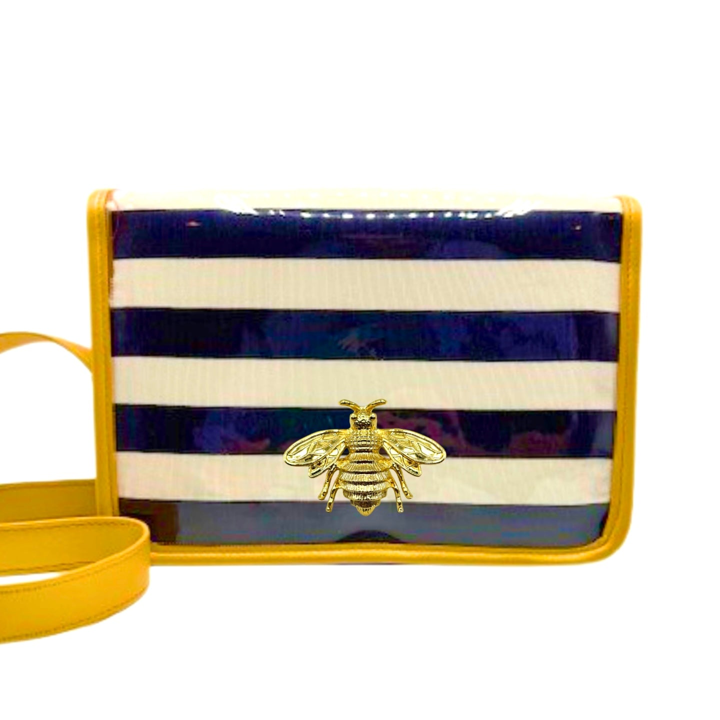 Navy Thiccc Stripe Clear Stadium Bag with Gold Bee