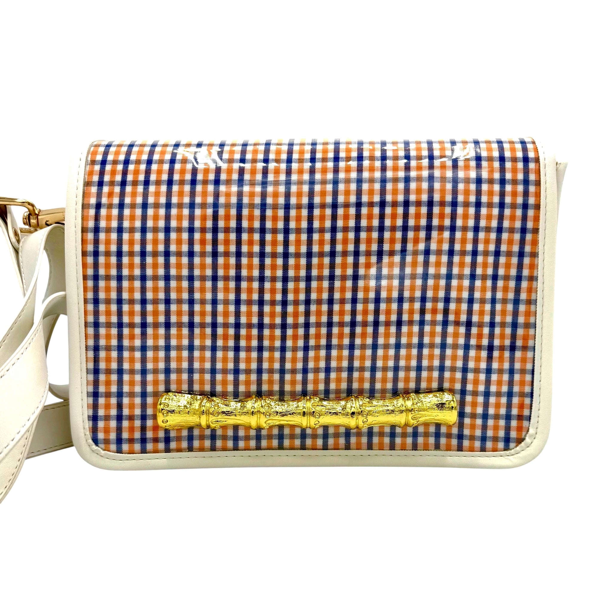Orange and Blue Plaid Clear Stadium Bag with White Starburst