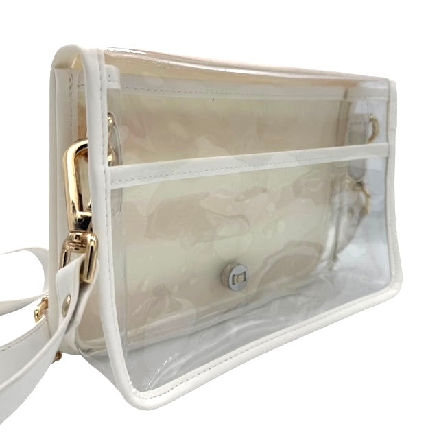 Light Blue and White Thiccc Stripe Clear Stadium Bag with White Bamboo Stick