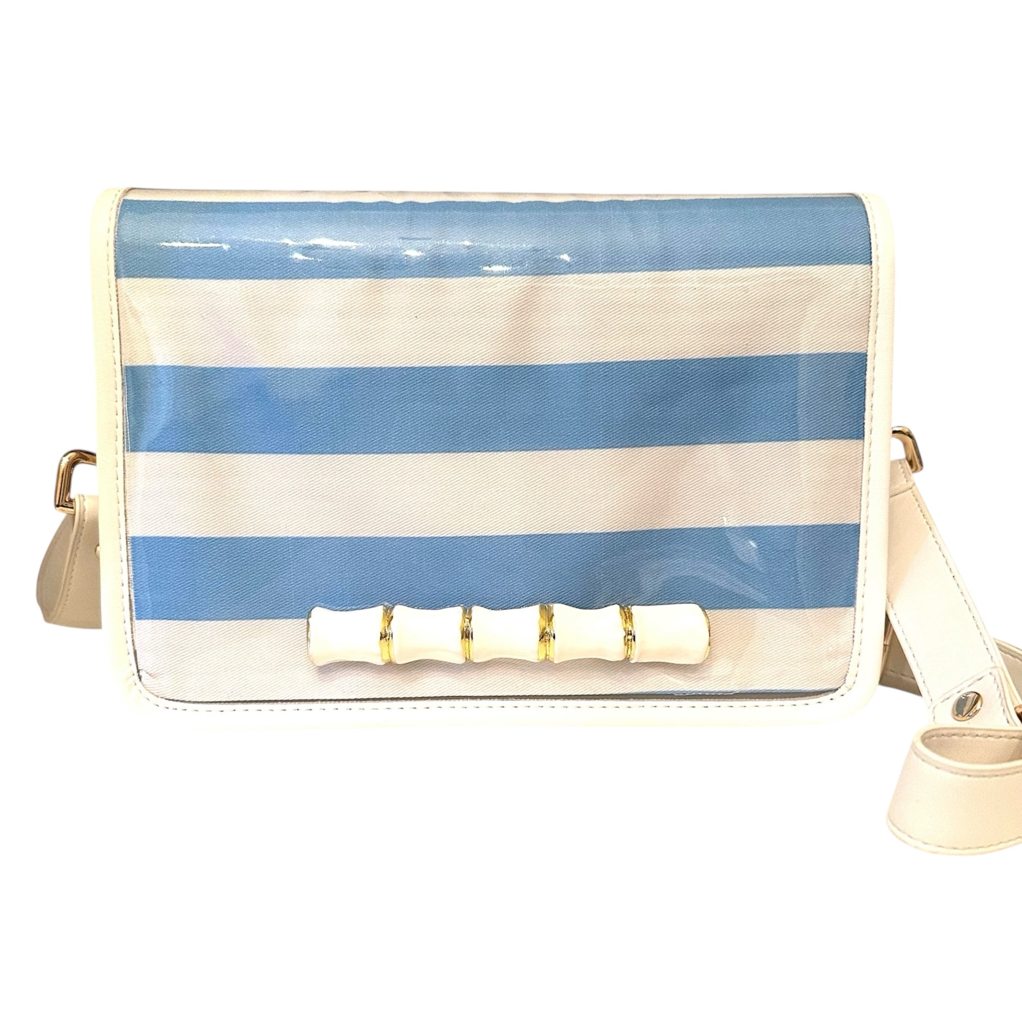Light Blue and White Thiccc Stripe Clear Stadium Bag with White Bamboo Stick