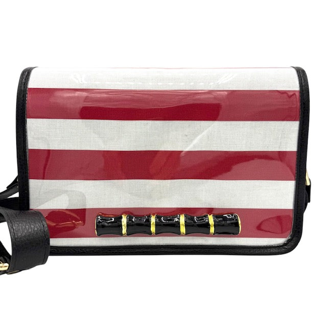 Red and White Thiccc Stripe Clear Stadium Bag with Black Bamboo Stick