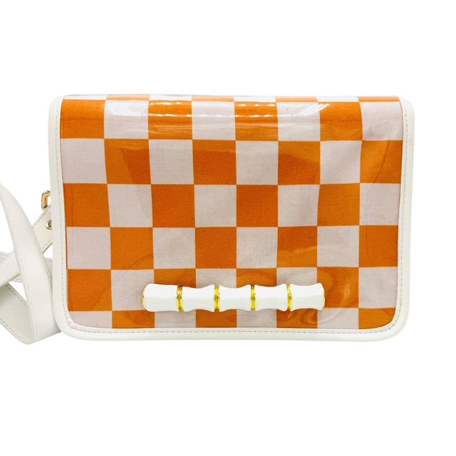 Orange Checkerboard Clear Stadium Bag with White Enamel Bamboo Stick