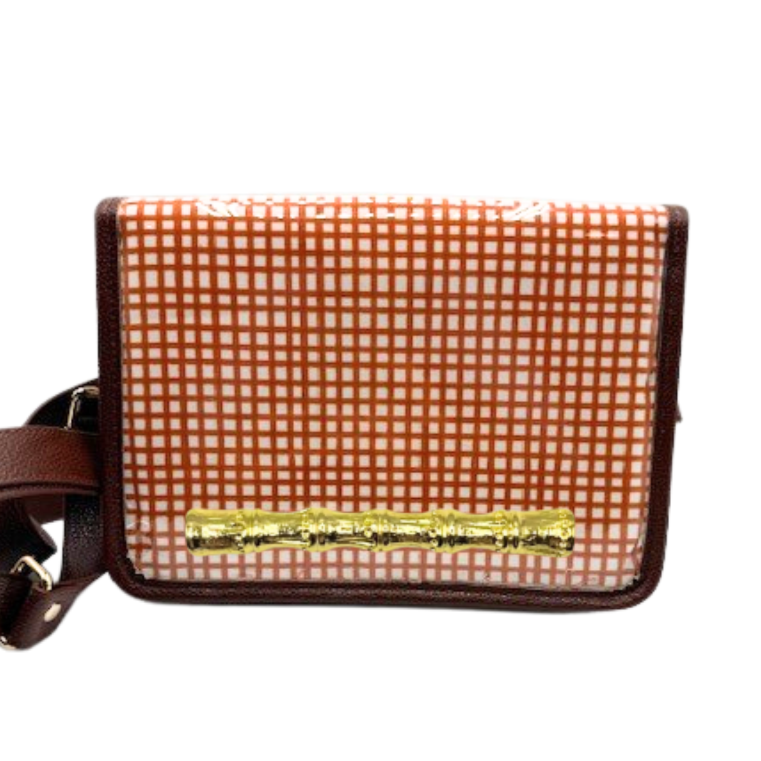 Burnt Orange Grid Clear Stadium Bag with Gold Bamboo Stick