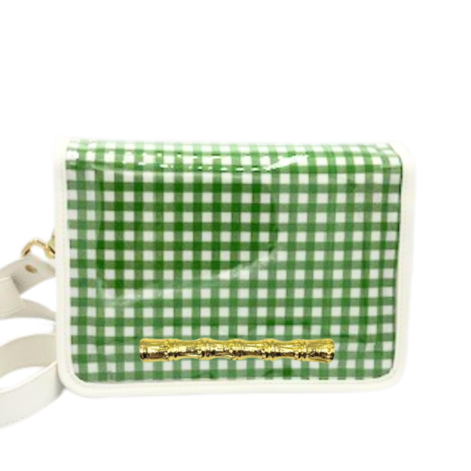 Green Gingham Clear Stadium Bag with Gold Bamboo Stick