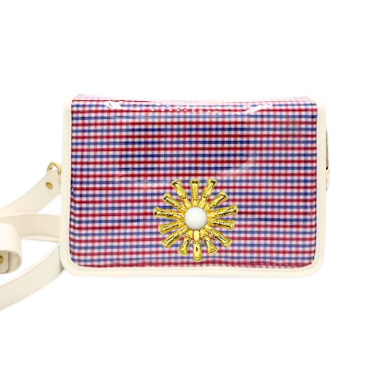 Red and Blue Gingham Clear Stadium Bag with White Starburst