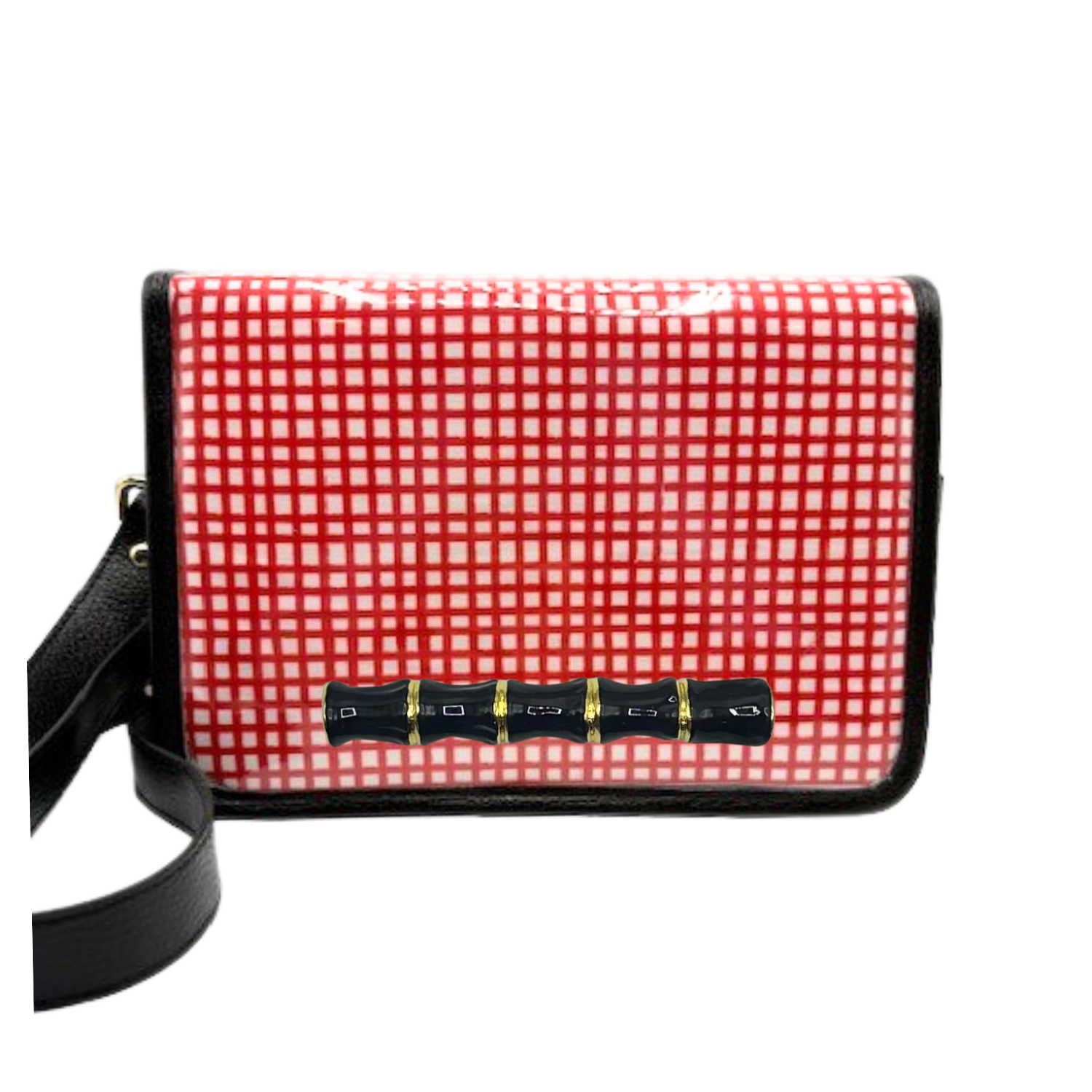 Red and White Grid Clear Stadium Bag with Black Bamboo Stick