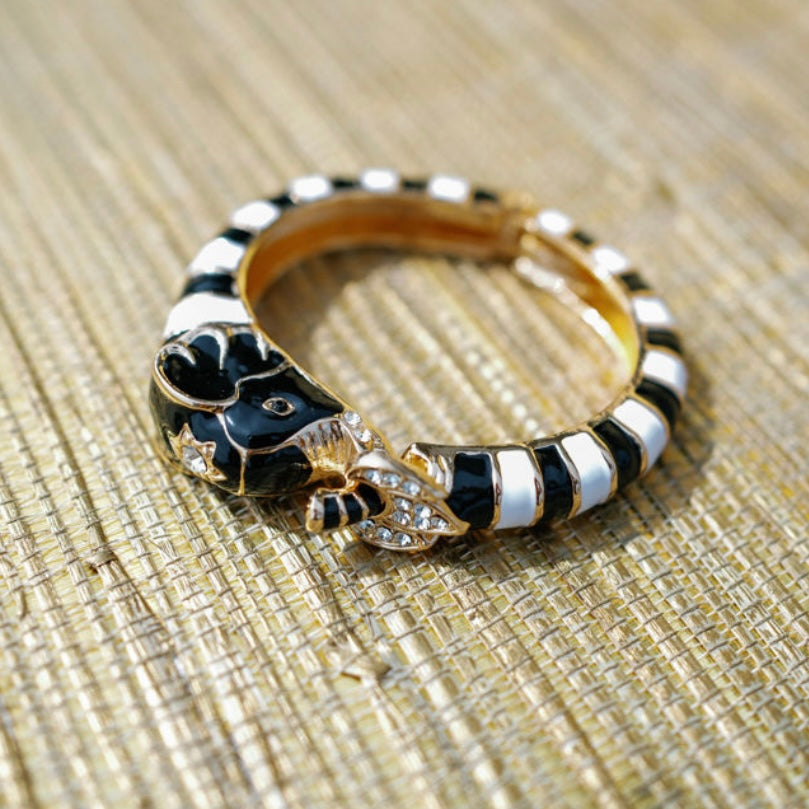 Elephant Hinged Bracelet in Black/White