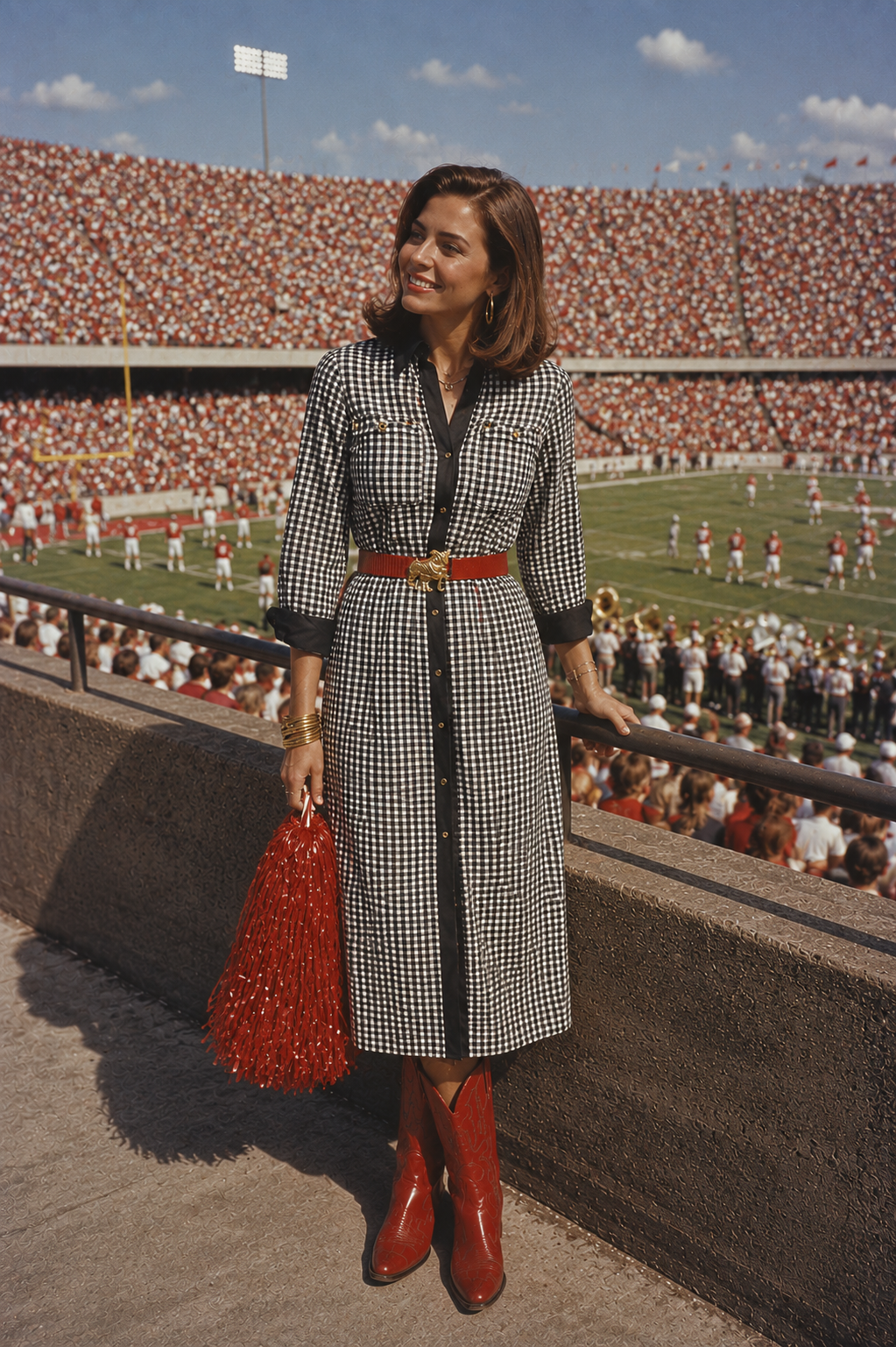 A woman stands in a stadium wearing a black-and-white houndstooth dress with a red belt and red tassel clutch, with red boots, against a background of a football field and packed stands.