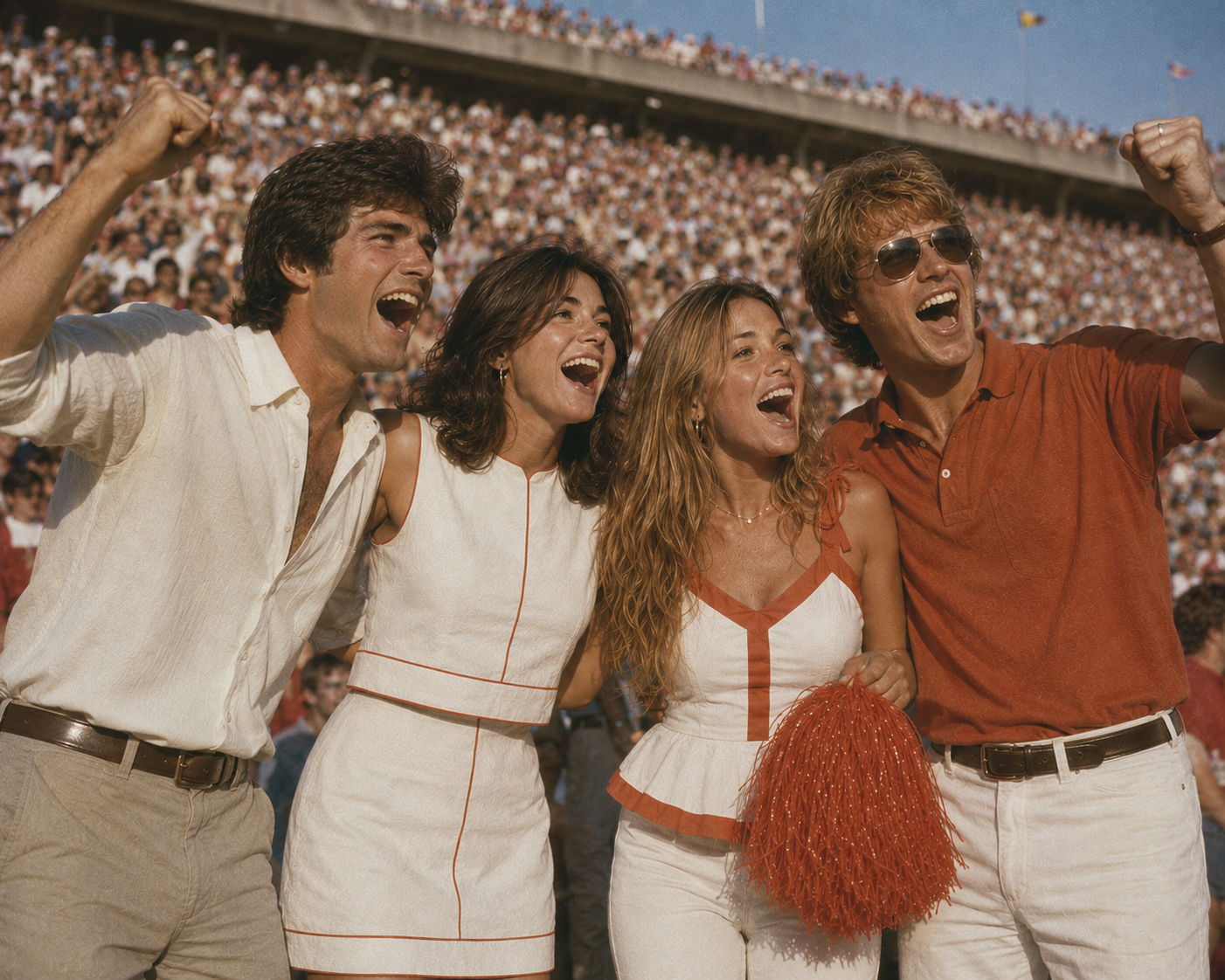 Four people cheering enthusiastically in a crowded stadium, wearing white and rust-orange outfits with white pom-poms.