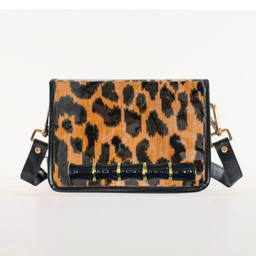 Petite Ashley Leopard Clear Stadium Bag with Black Bamboo Stick