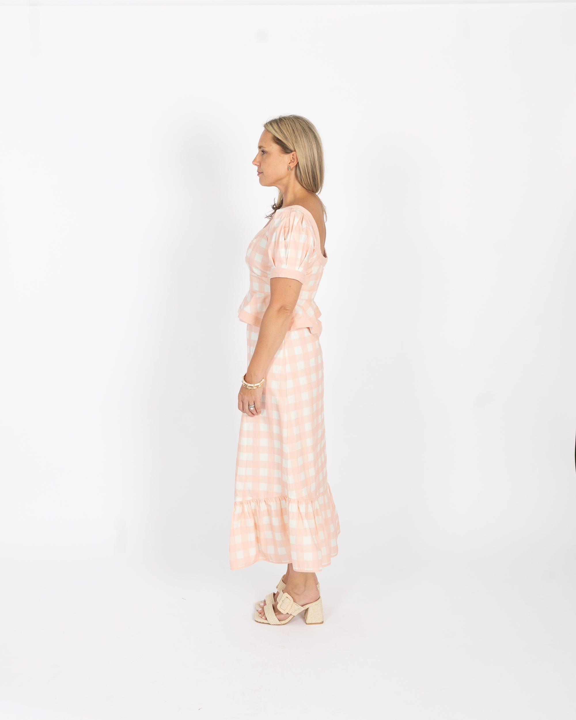 pink buffalo check dress Pink Buffalo Check Crop Jacket and Lace Satin Pleated Dress
