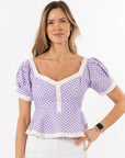 Addie Puff Sleeve Top - Purple Gingham/White