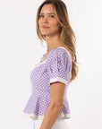 Addie Puff Sleeve Top - Purple Gingham/White