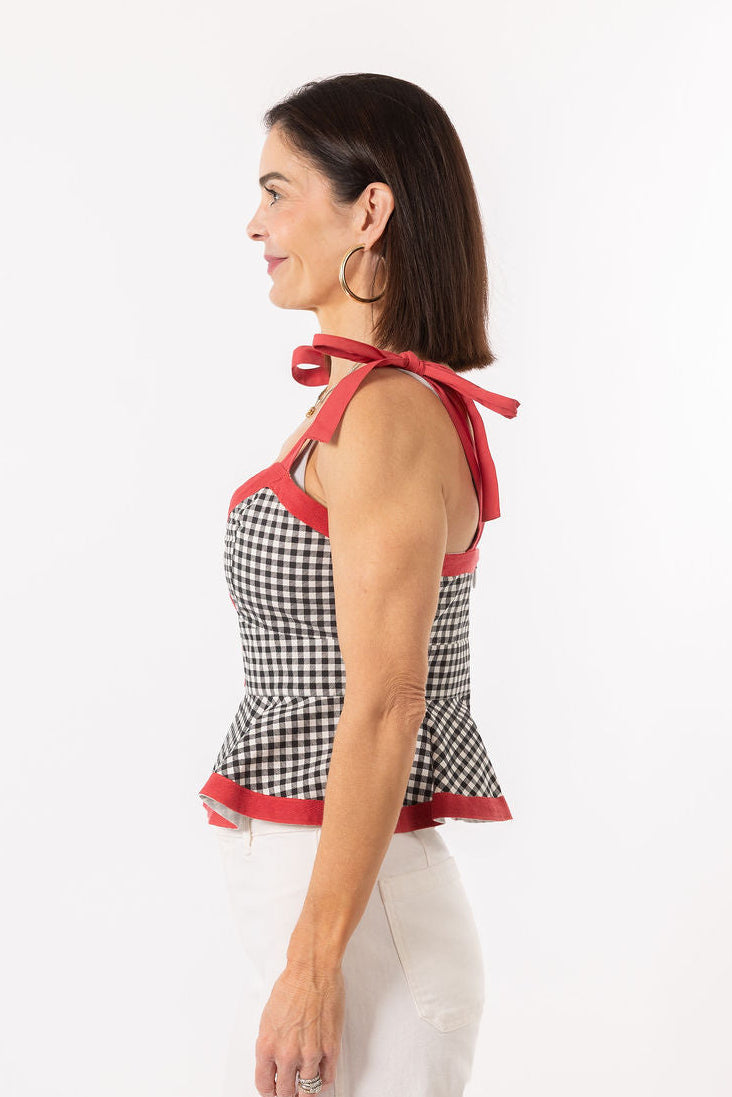 Addie Tie Top - Black Gingham/Red
