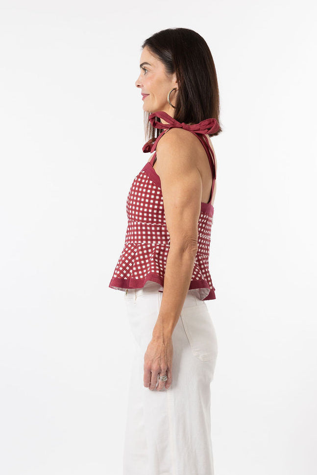 Addie Tie Top - Dark Red Gingham
