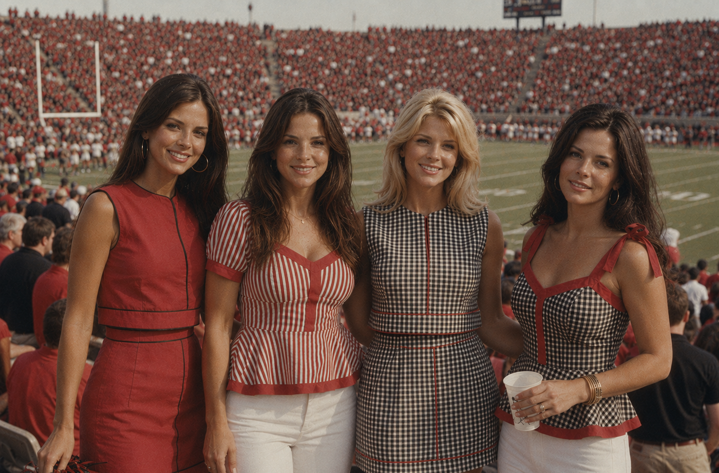 Four women posing together on a football field with stadium crowds in the background, each wearing coordinated red, white, and black outfits.