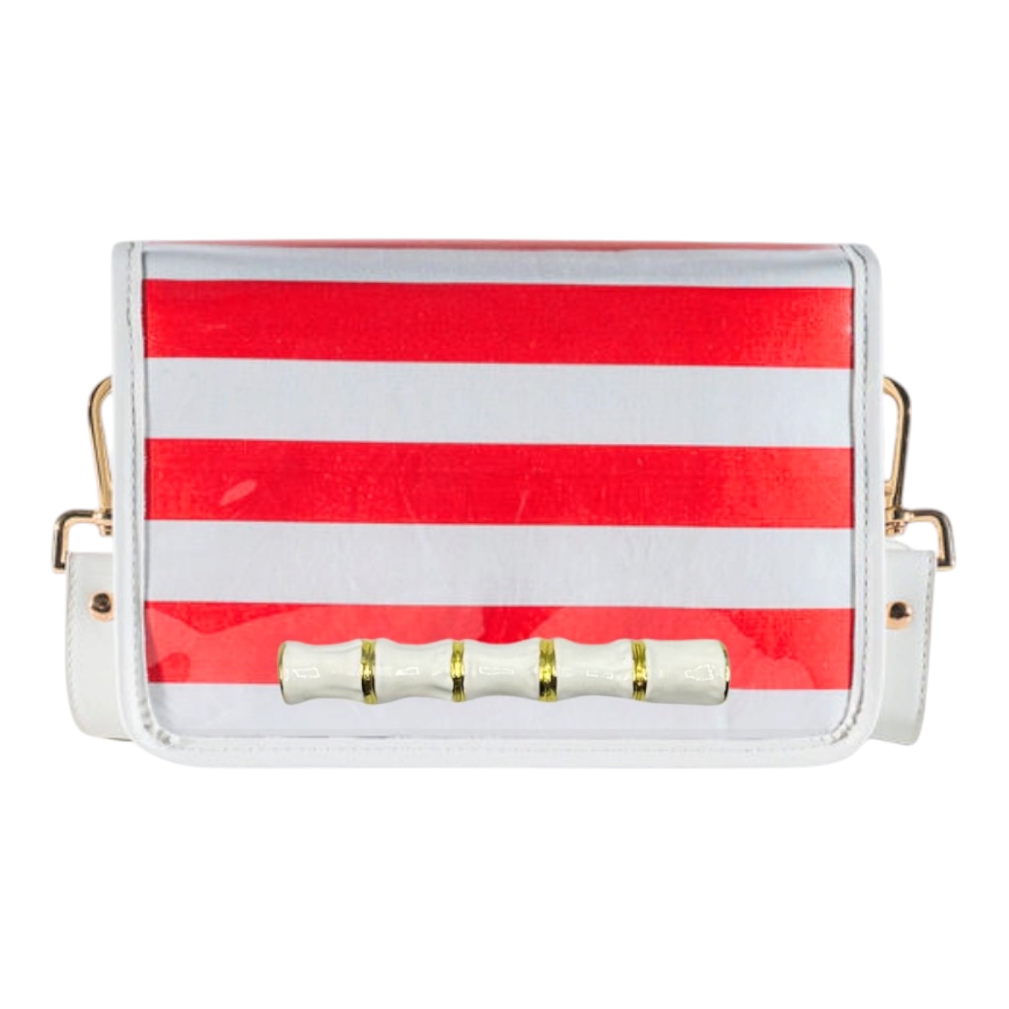 Red and White Thiccc Stripe Clear Stadium Bag with White Bamboo Stick