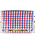 Red, white, and blue checkered handbag with gold clasp on a white background