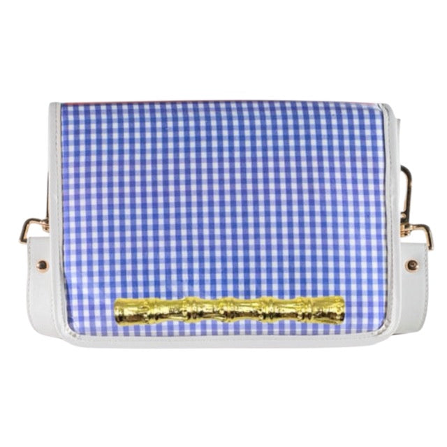 Purple Gingham Clear Stadium Bag with Gold Bamboo Stick