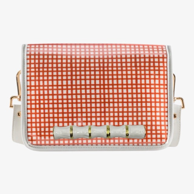 Burnt Orange Grid Clear Stadium Bag with White Bamboo Stick