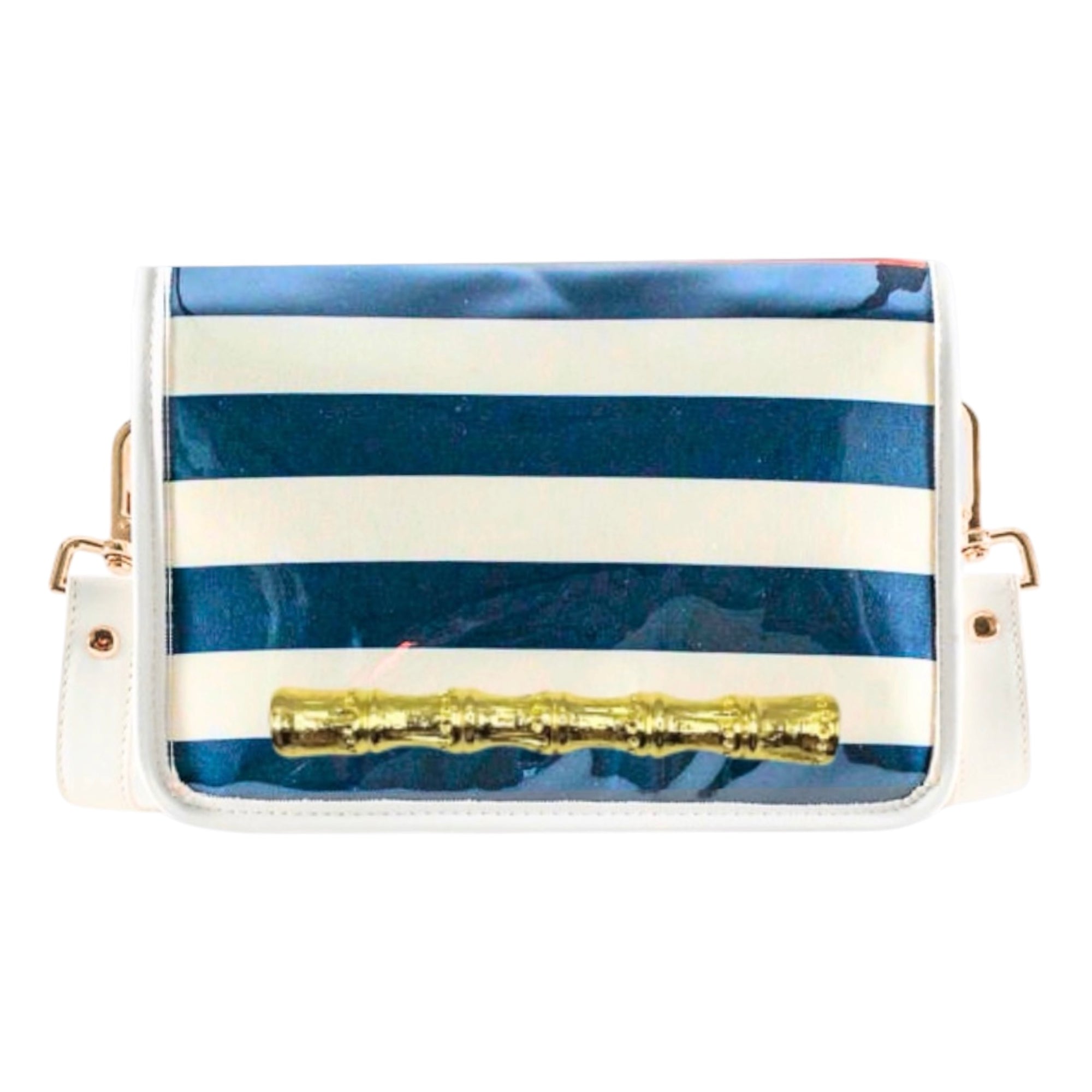 Navy Stripe Clear Stadium Bag with Gold Bamboo Stick