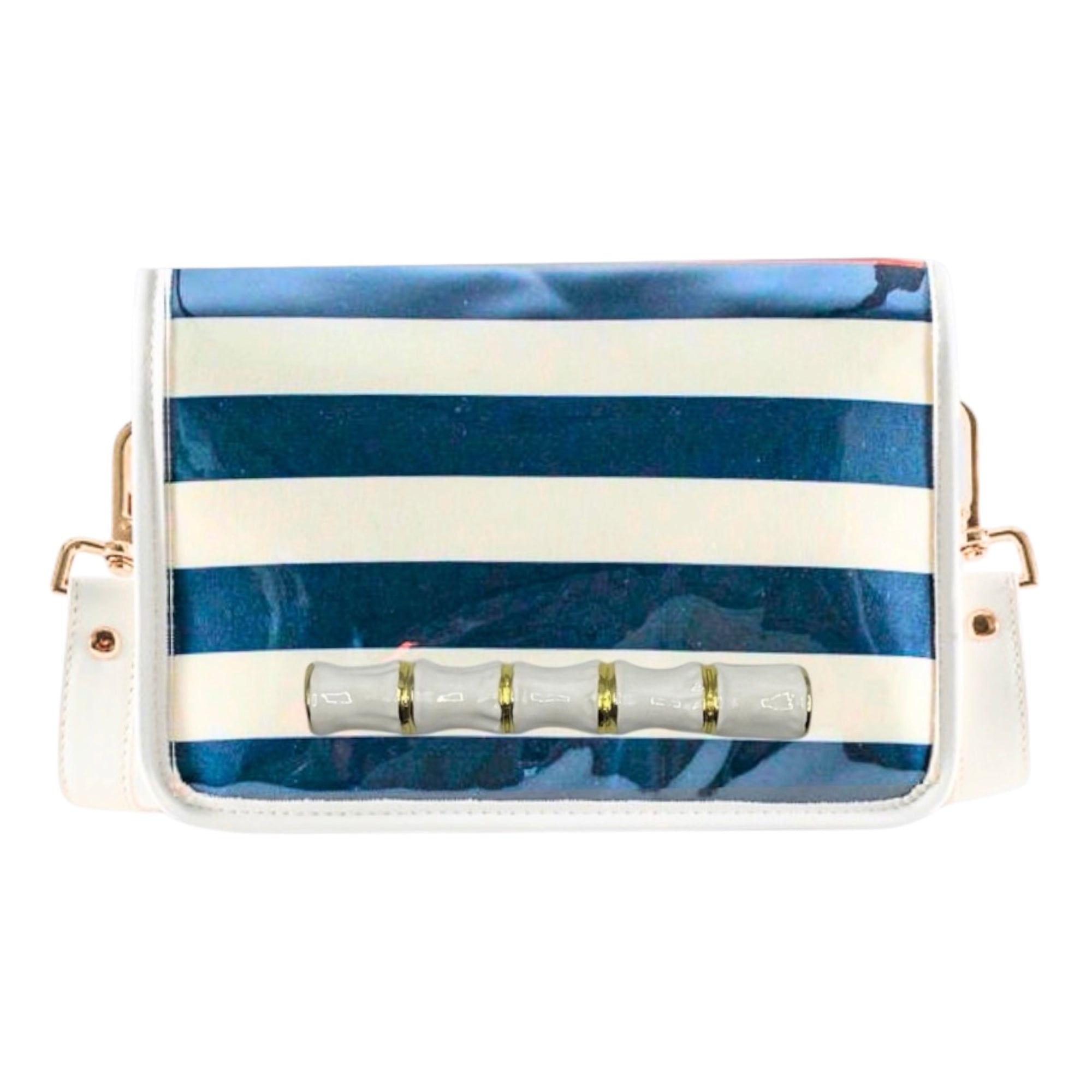 Navy Stripe Clear Stadium Bag with White Bamboo Stick