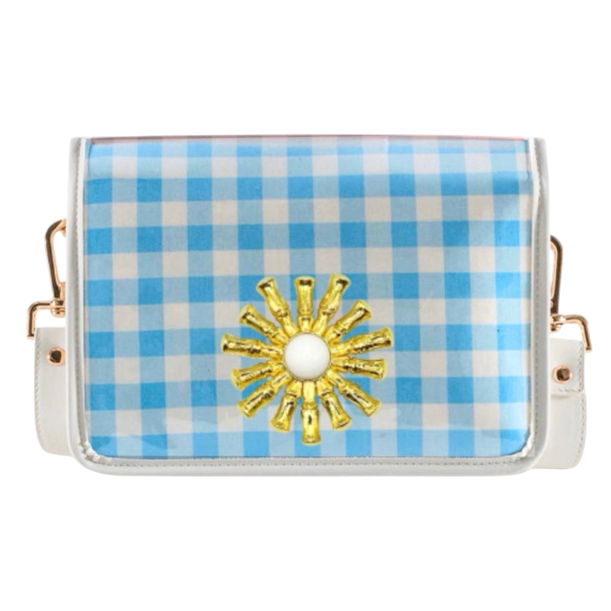 Light Blue and White GIngham Clear Stadium Bag with White Starburst