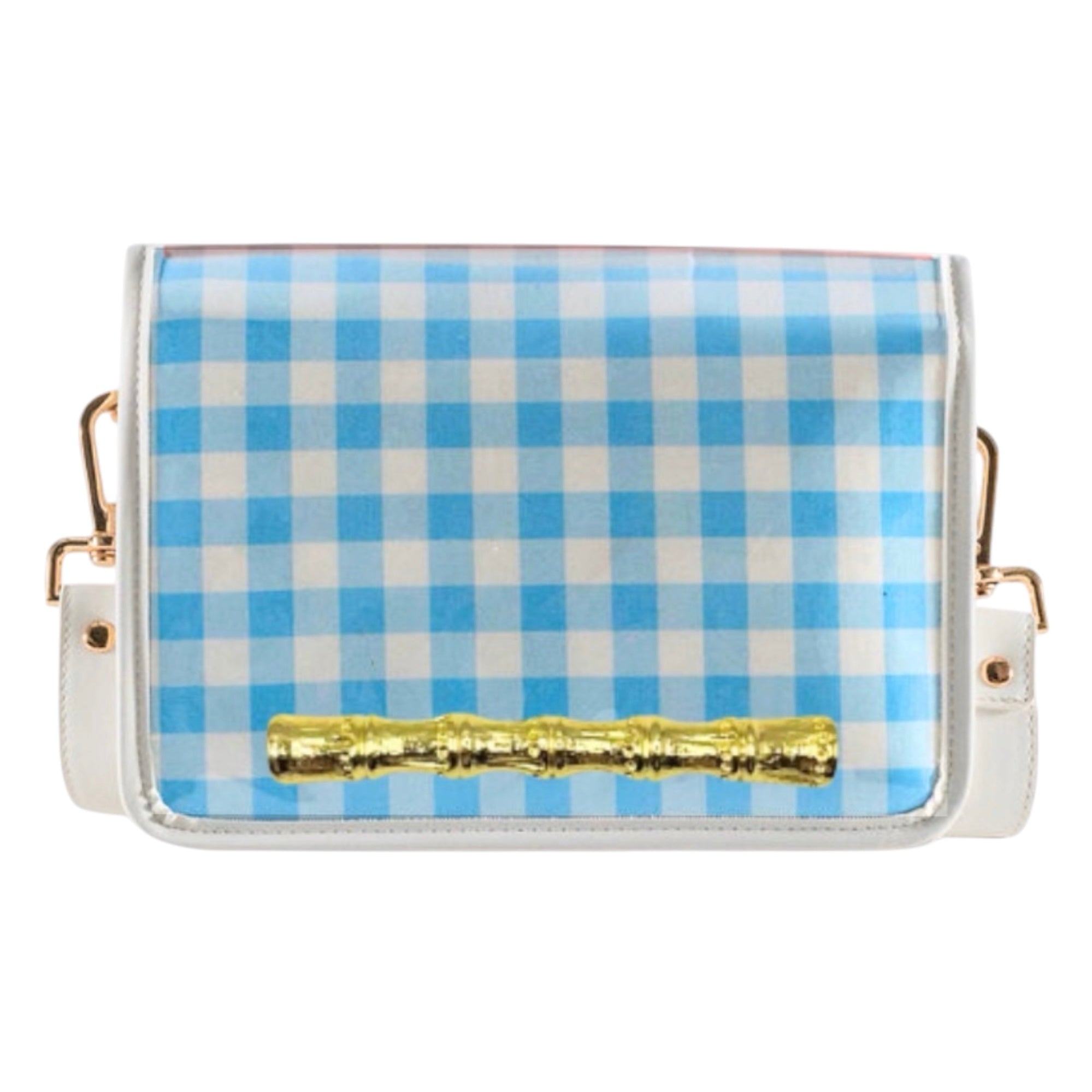 Light Blue and White GIngham Clear Stadium Bag with Gold Bamboo Stick