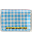 Light Blue and White GIngham Clear Stadium Bag with Gold Bamboo Stick