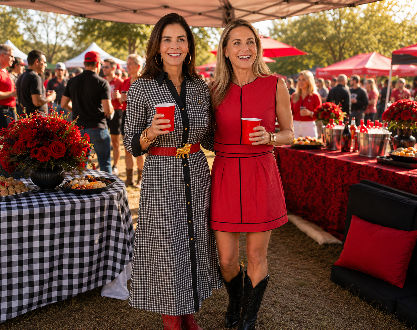 Two women standing outdoors under a canopy at a social event, holding red cups. The woman on the left wears a black-and-white gingham dress with a red belt, and the woman on the right wears a red sleeveless dress.
