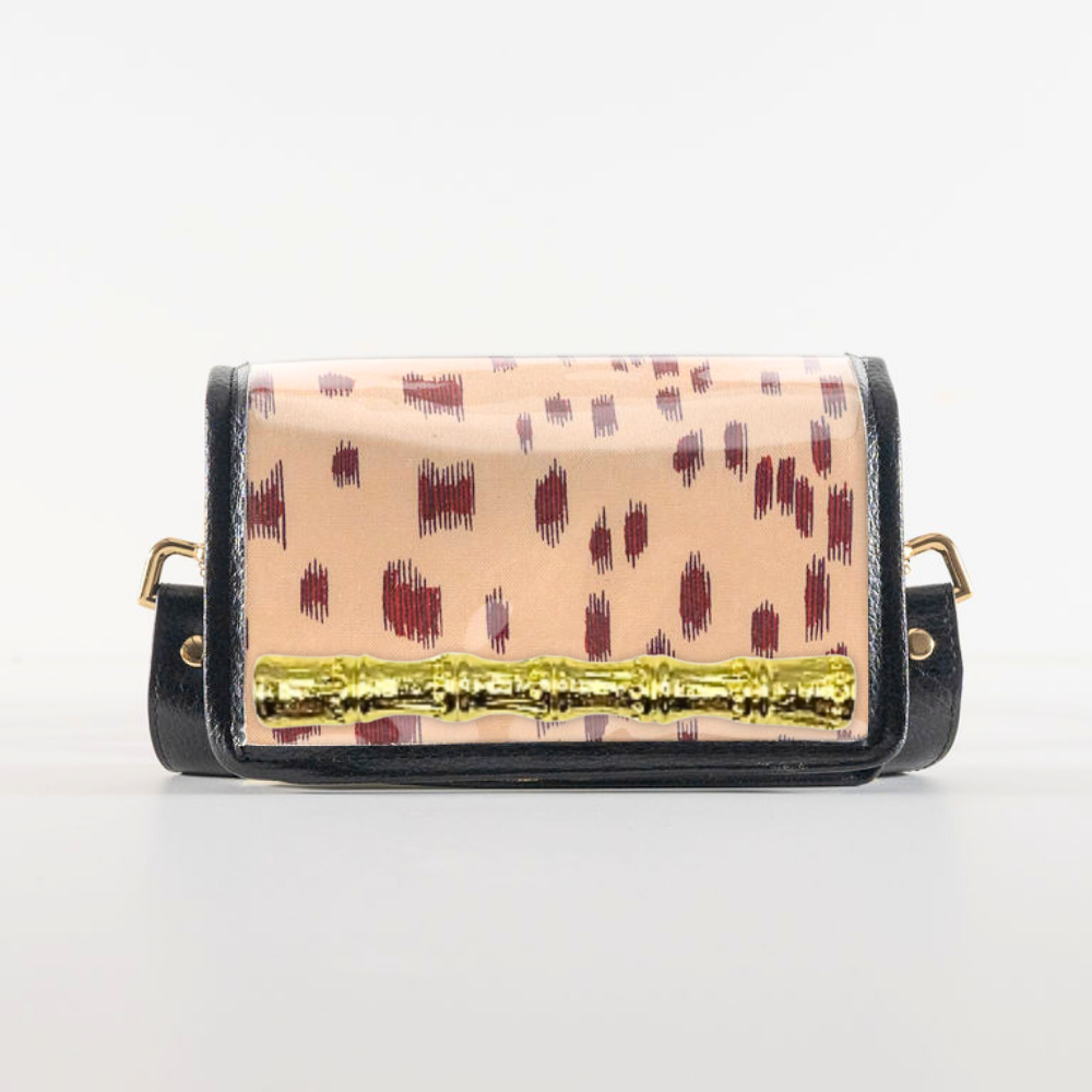 Petite Dark Red Les Touches Clear Stadium Bag with Gold Bamboo Stick (black trim)