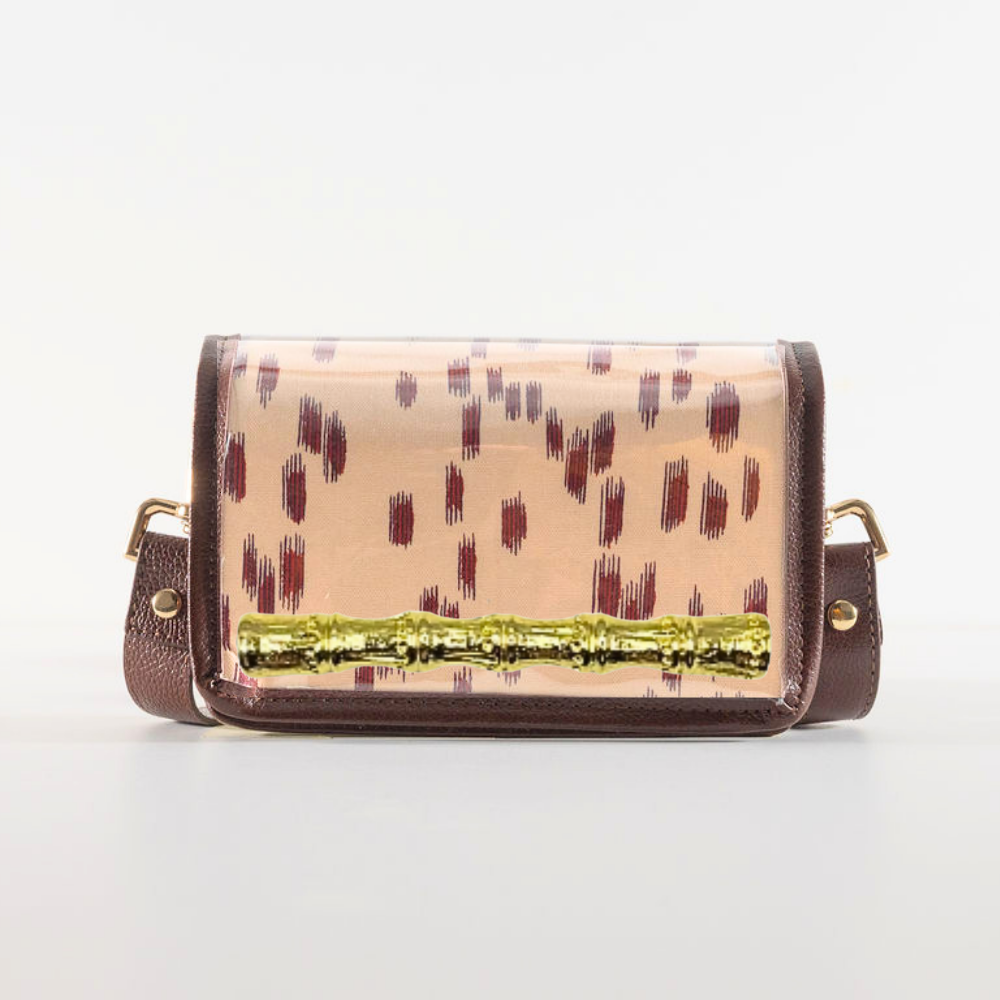 Petite dark red Les Touches Clear Stadium Bag with Gold Bamboo Stick(brown trim)