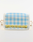 Petite Light Blue Gingham Clear Stadium Bag with Gold Bamboo Stick