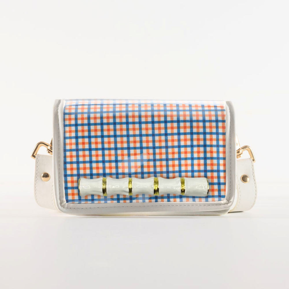 Petite Orange and Blue Plaid Clear Stadium Bag with White Bamboo Stick