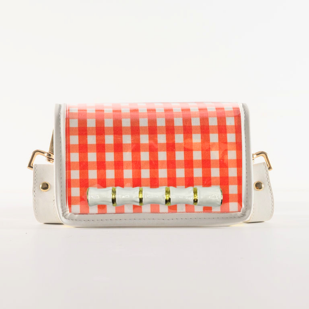 Petite Orange Gingham Clear Stadium Bag with White Bamboo Stick
