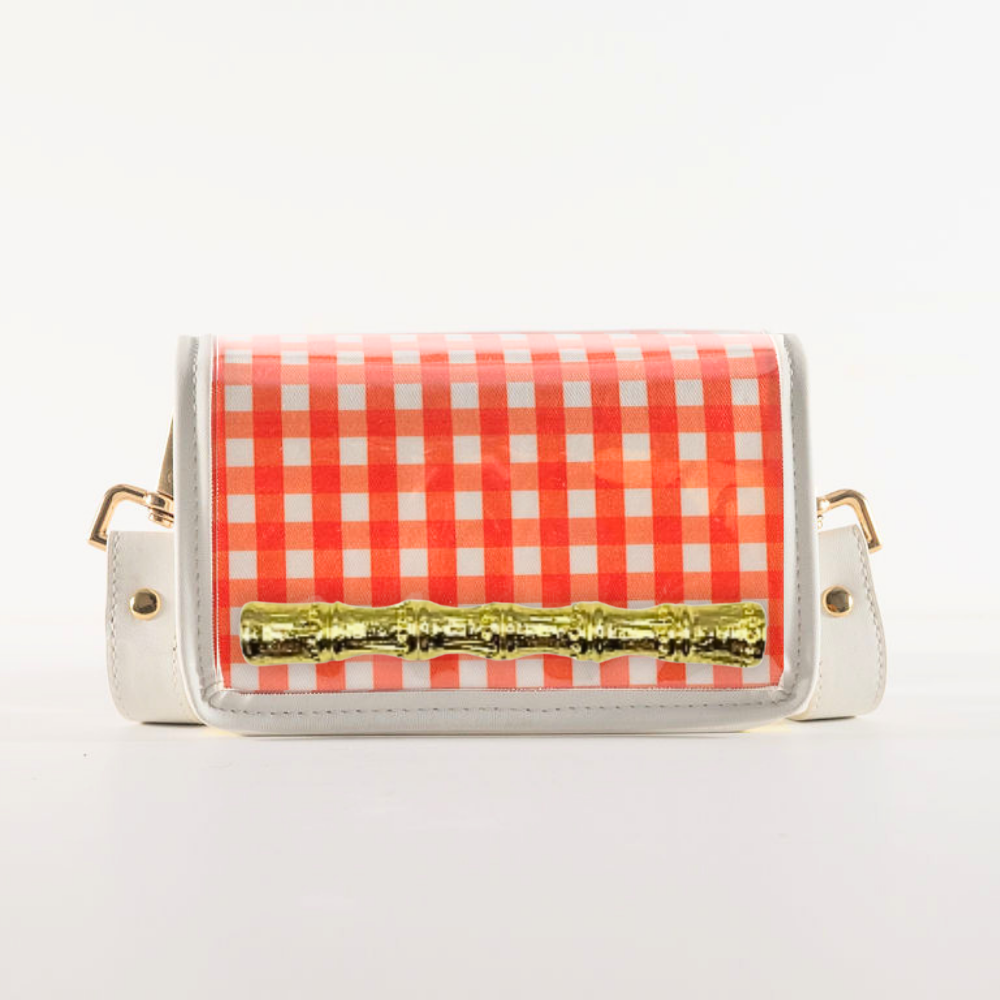 Petite Orange Gingham Clear Stadium Bag with Gold Bamboo Stick