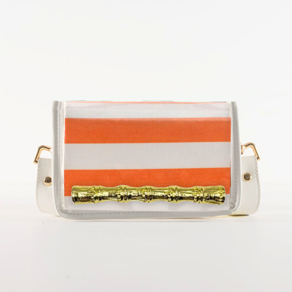 Petite Orange Stripe Clear Stadium Bag with Gold Bamboo Stick