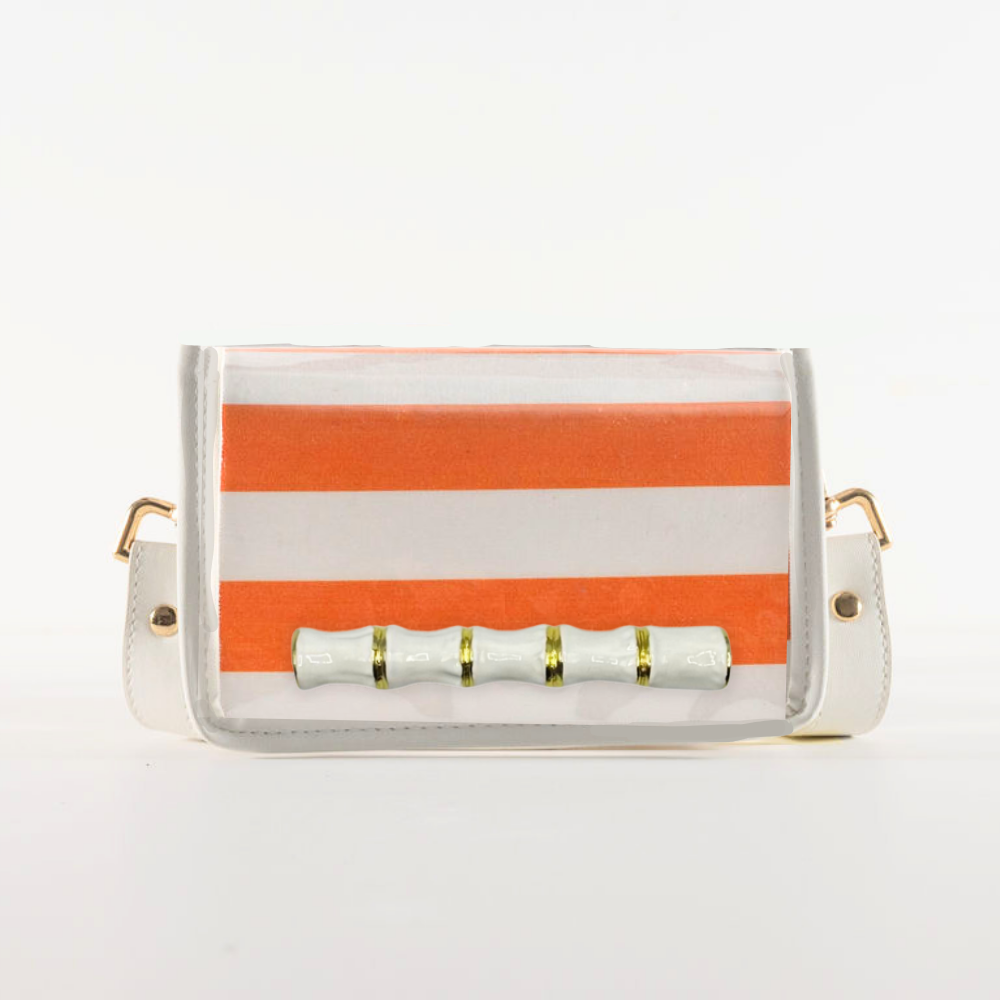 Petite Orange Stripe Clear Stadium Bag with White Bamboo Stick