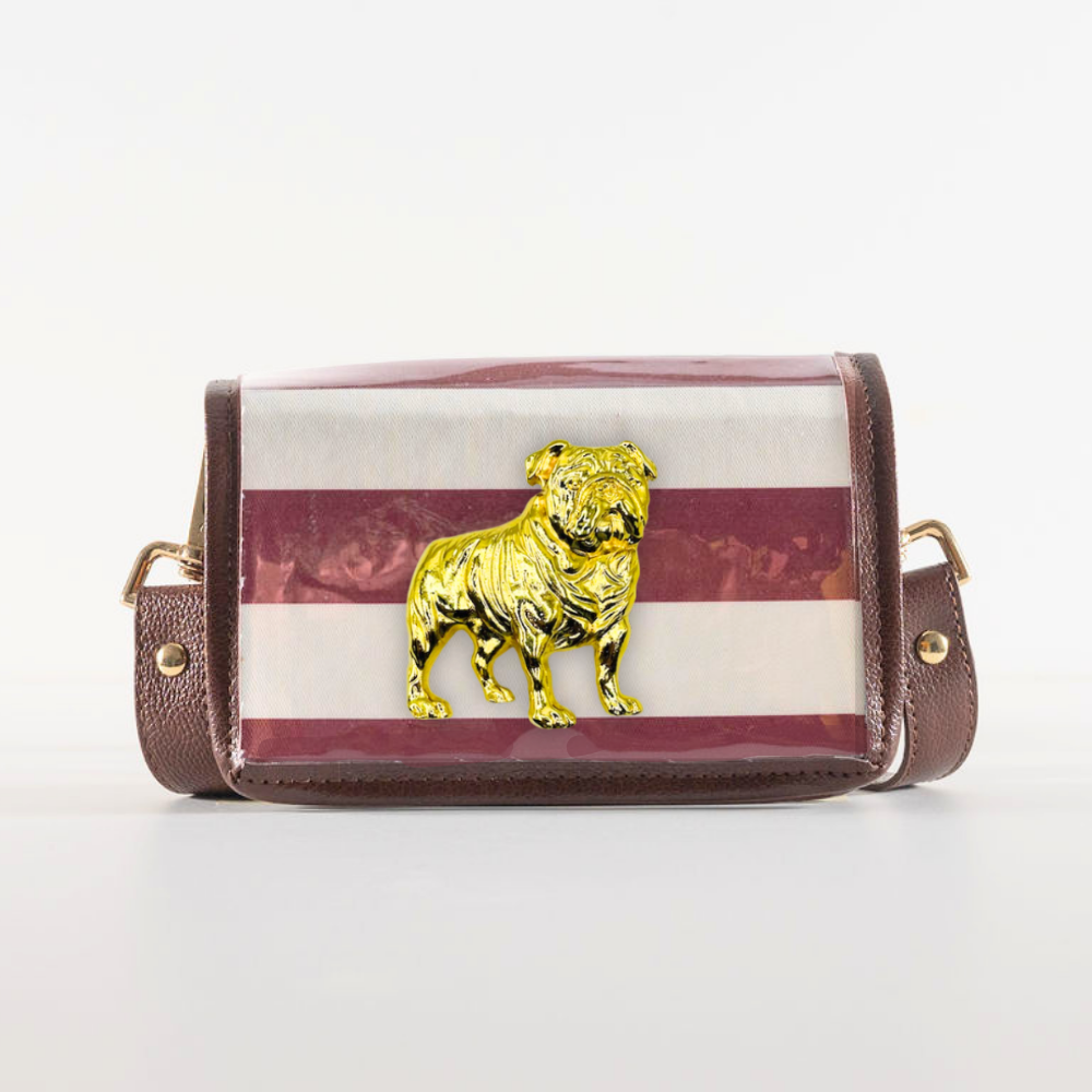 Petite Dark Red Stripe Clear Stadium Bag with Bulldog