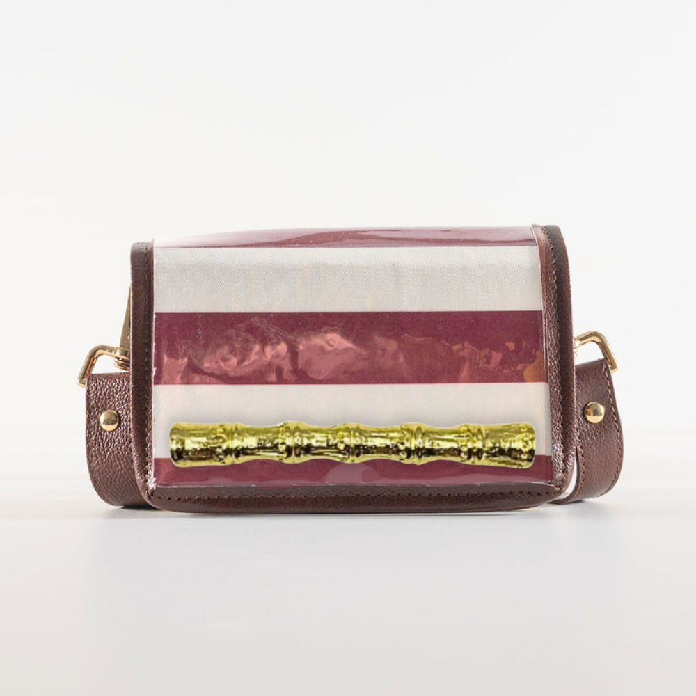 Petite Dark Red Stripe Clear Stadium Bag with Gold Bamboo Stick