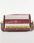 Petite Dark Red Stripe Clear Stadium Bag with Gold Bamboo Stick