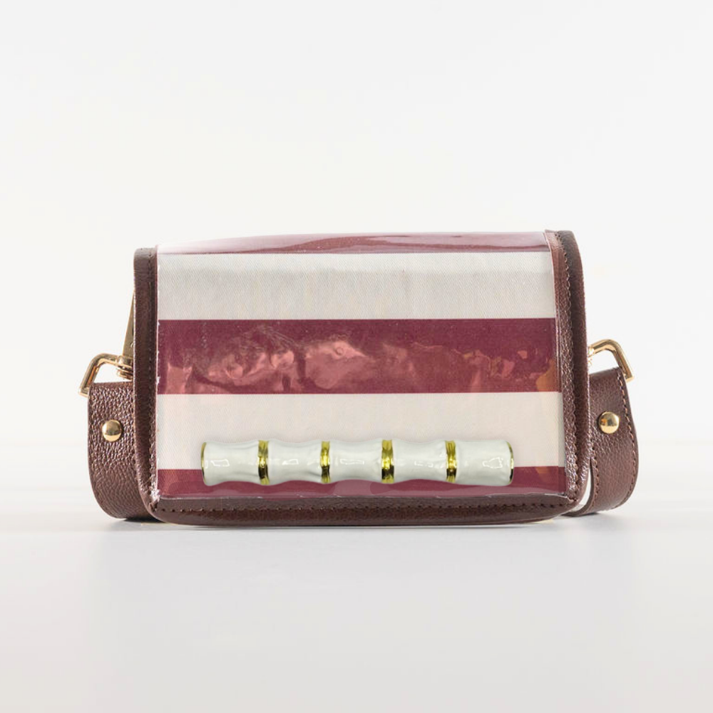 Petite Dark Red Stripe Clear Stadium Bag with White Bamboo Stick
