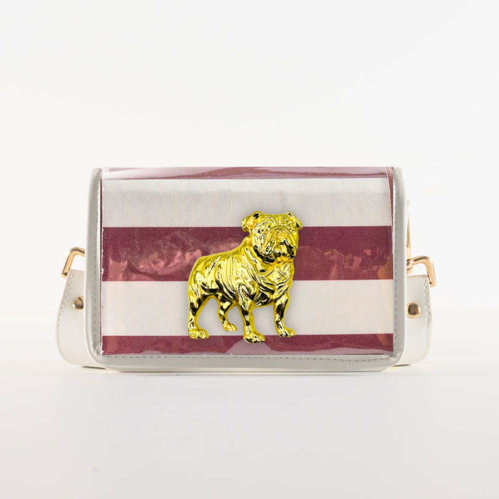 Petite Dark Red Stripe Clear Stadium Bag with Bulldog