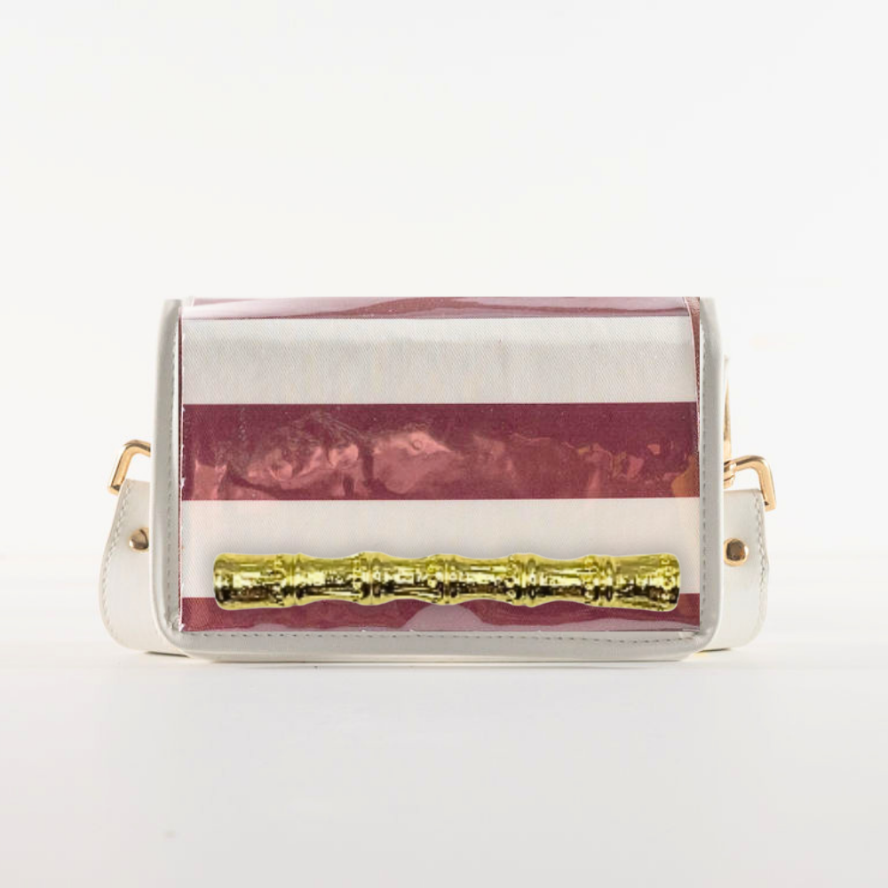 Petite Dark Red Stripe Clear Stadium Bag with Gold Bamboo Stick