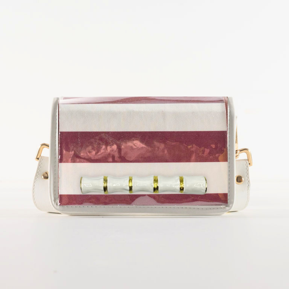 Petite Dark Red Stripe Clear Stadium Bag with White Bamboo Stick