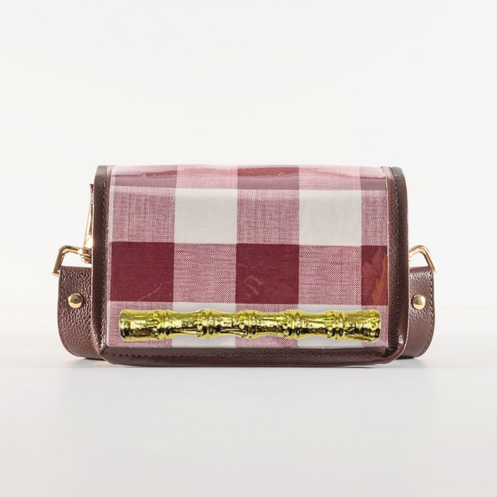 Petite Dark Red Buffalo Check Clear Stadium Bag with Gold Bamboo Stick