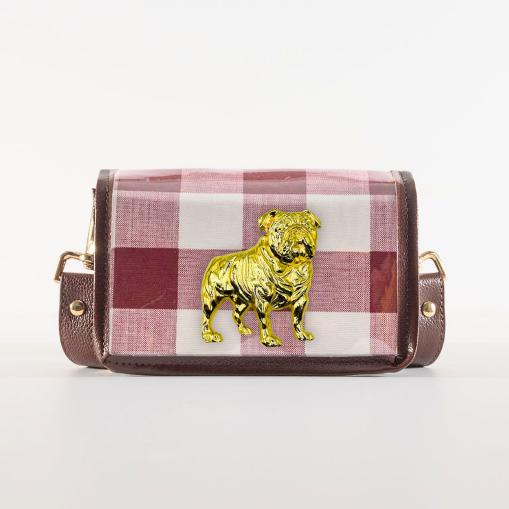 Petite Dark Red Buffalo Check Clear Stadium Bag with Bulldog