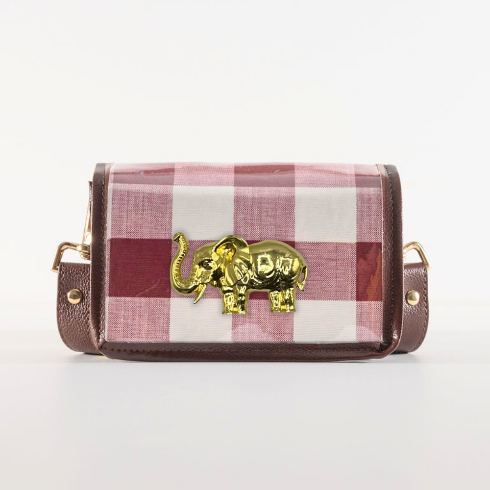 Petite Dark Red Buffalo Check Clear Stadium Bag with Elephant